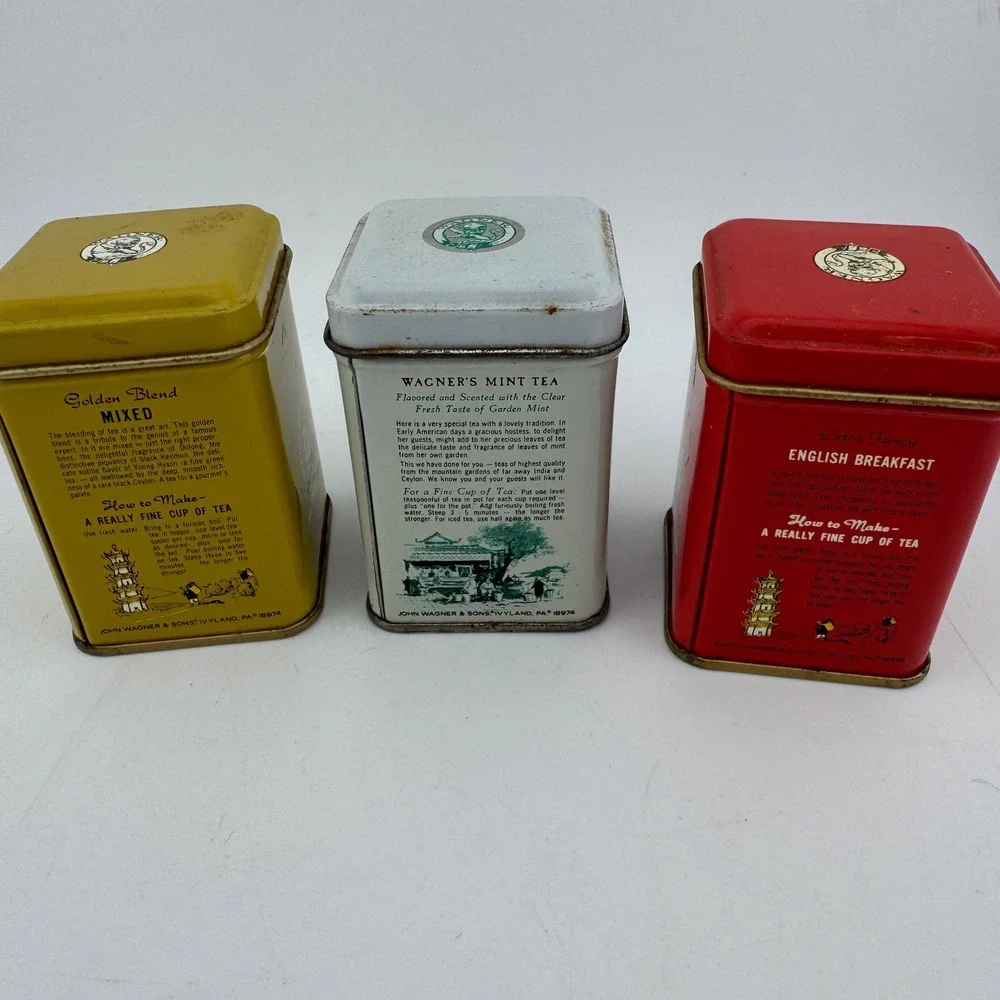John Wagner & Sons Vintage Tea Tin Set Small Red White Yellow Kitchen Decor